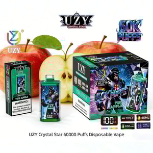 UZY Crystal Star 60000 Puffs disposable vape kit with Two Apple flavor, shown with its boxes and apples.