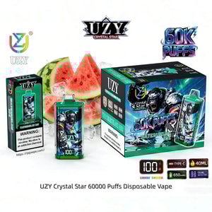 UZY Crystal Star 60K Puffs watermelon ice disposable vape kit, shown with a green-labeled bottle and the matching box.