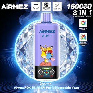 Purple disposable vape device labeled Airmez 8IN1 with a crowned fox graphic, set against a sparkling diamond ring background.