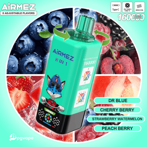 Teal AiRMEZ vape bottle with 1600 puffs and 8 adjustable flavors, shown against a four-fruit collage.