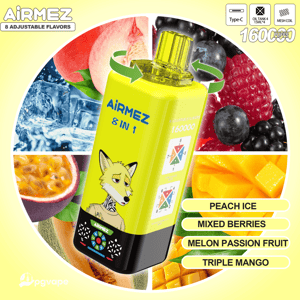 Bright yellow AiRMEZ vape bottle with a cartoon fox, 8 adjustable flavors and 160000 puffs, surrounded by fruit and ice imagery.