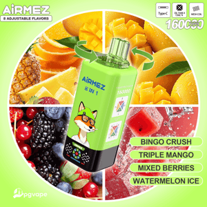 Bright green Airmez 8 in 1 vape bottle with a cartoon fox logo, centered on a circular collage of tropical fruits and berries.