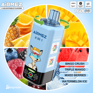 Blue Airmez 8 in 1 vape bottle with a fox graphic, surrounded by a fruit collage; flavors listed: Bingo Crush, Triple Mango, Mixed Berries, Watermelon Ice