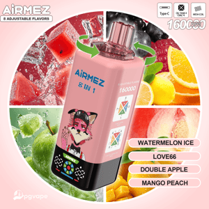 Pink Airmez bottle with 8 flavors, by fruit imagery; flavors include Watermelon Ice, Love66, Double Apple, Mango Peach.