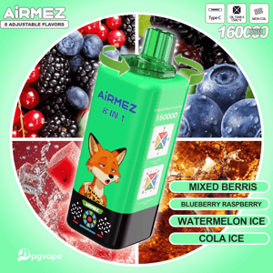 Green AirMEZ 8-in-1 vape device with fox logo, in a berry and ice collage, flavors include Mixed Berries and Watermelon Ice.