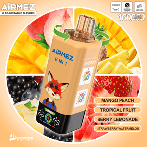 Airmez 8 in 1 vape device with a fox logo, resting over a collage of mango, pineapple, berries and strawberry.