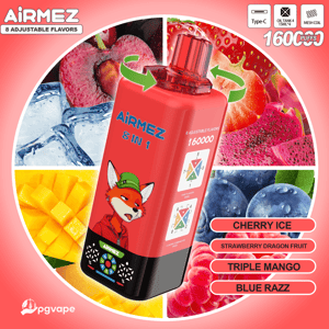 Red AirMez 8-in-1 vape with 16000 puffs and a cartoon fox, set in a fruit collage featuring Cherry Ice, Strawberry Dragon Fruit, Triple Mango, and Blue Razz.