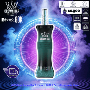 Crown Bar Al Fakher E-Hose X 60,000-puffs disposable vape with a dark curved body and turquoise liquid against a neon ring backdrop