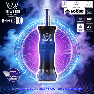 Crown Bar Al Fakher E-Hose X 60000 Puffs disposable vape in dark blue and black, set against a glowing neon ring.