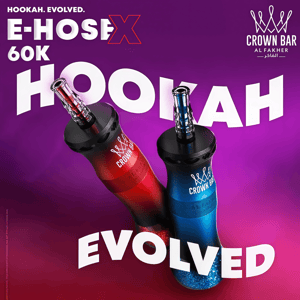 Two red and blue hookahs on a purple gradient with bold white HOOKAH EVOLVED text and Crown Bar logo.