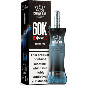 Crown Bar vape device next to its black box, Berry Ice flavor, with a nicotine warning label.