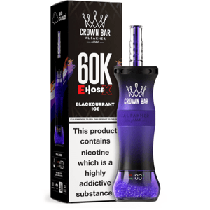 Crown Bar vape device with a purple gradient body and glittery base, shown beside its black box labeled 60K E Hose X Blackcurrant Ice