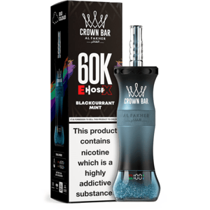 Crown Bar E Hose X 60K Blackcurrant Mint disposable vape beside its packaging with nicotine warning.
