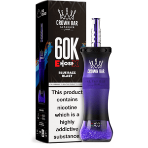 Purple Crown Bar vape device with glittery purple bottom beside a black box labeled 60K EhosEx Blue Razz Blast.