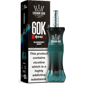 Al Fakher Crown Bar 60K E HoseX Blueberry Mint e-hookah device with turquoise glitter base, shown next to its black box.