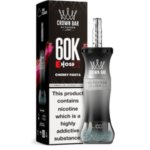 Crown Bar Al Fakher 60K E Hose X Cherry Fiesta packaging beside a chrome-topped e-hose with a glittery clear base.