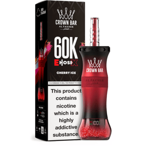 Crown Bar Al Fakher Cherry Ice e-hose beside its black box reading 60K E Hose X with a nicotine warning.