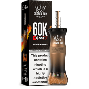 Crown Bar Al Fakher 60K E Hose X Cool Mango vape device with a copper-toned body and glittery bottom chamber beside its black packaging.