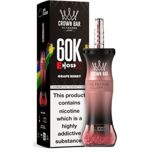 Crown Bar Al Fakher vape with a pink gradient body beside packaging reading 60K E Hose X Grape Berry and a nicotine warning.