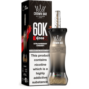 Crown Bar Al Fakher vape with a black-to-gold gradient body beside a 60K EHOSEX Strawberry Cherry box.
