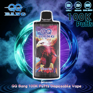QQ Bang 100K Puffs disposable vape bottle with grape ice flavor and bold eagle artwork, framed by neon glow.