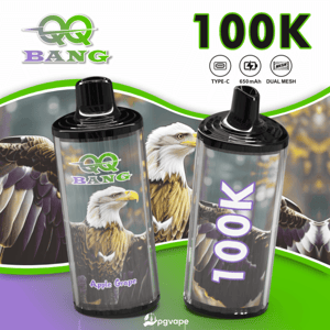 Two black-capped transparent vape pods, one Apple Grape and the other 100K, on a green and purple eagle-themed backdrop.