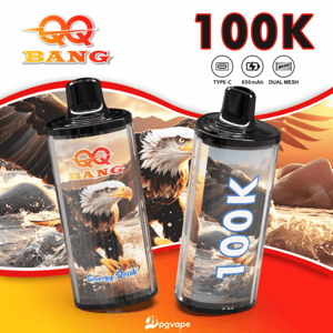 Two vape bottles with black caps; left features QQ Bang Energy Drink branding with an eagle, right shows 100K in blue.