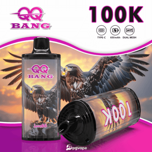 QQ BANG Love66 vape with eagle artwork, two devices shown, 100K price; 650mAh battery, Type-C and dual-mesh.