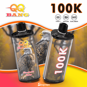 Two clear pod-style vape devices with black caps; left shows Strawberry Mango, right displays bold 100K text with Bang branding.