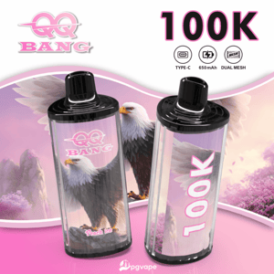 Two transparent vape pods with black caps and pink eagle artwork, labeled 100K, set against a pink landscape background.