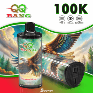 QQ Bang Watermelon Ice vape bottle next to a cylindrical device with eagle artwork, with 100K text in green at the top.