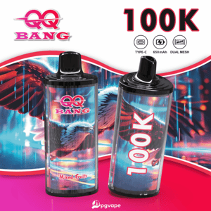 Two transparent vape bottles with black caps and neon blue-pink artwork; left labeled Mixed Fruits with Bang logo, right shows 100K.