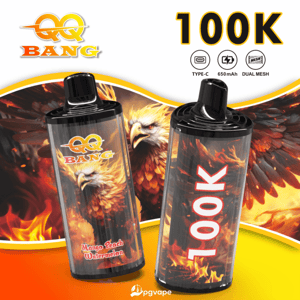 Two black vape bottles with fiery flame art; left labeled Mango Peach Watermelon with Bang logo, right shows bold 100K.