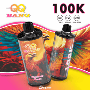 Two Bang vape pods with phoenix artwork, left pod labeled Strawberry Mamba, against a pink-yellow gradient background.