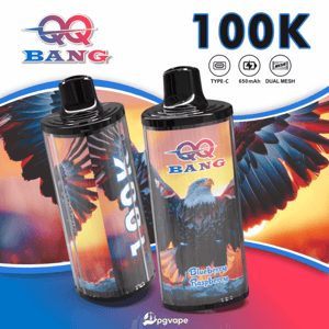 Two QQ Bang vape devices with black tops; one has vertical text, the other shows a blue eagle and Blueberry Raspberry flavor.
