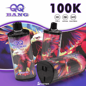 Three vape pod devices with purple-pink phoenix artwork, QQ Bang logo, and a 100K label, one showing a Grape Ice flavor.