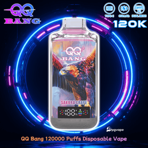 QQ Bang Sakura Grape disposable vape with bold eagle artwork on the label, neon blue ring background, and 120000 puffs.