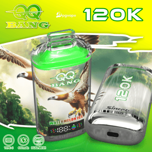 Cigarrillo electrónico de color verde brillante con etiqueta Watermelon Ice y tanque transparente, además de una cápsula marcada con 120K sobre un fondo amarillo lima.