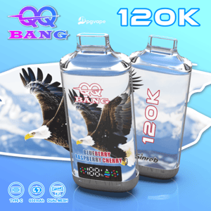 Dos dispositivos de vapeo transparentes con una ilustración de un águila y el logotipo de Bang, etiquetados como Blueberry Raspberry Cherry, sobre un fondo azul con 120K.