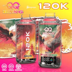 Dos dispositivos de vapeo de vidrio con la etiqueta 120K con la marca Bang; Cherry Watermelon Freeze a la derecha sobre un fondo de fuego.