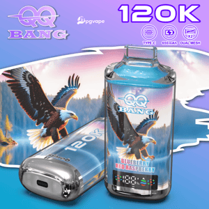 Kit de vapeo Bang 120K con una botella azul con la etiqueta Blueberry Red Raspberry y una cápsula portátil, ambos con el logotipo de un pájaro.