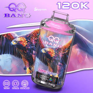 Cápsula de vaporizador de color rosa púrpura con ilustraciones del fénix y la marca BANG, sabor Sakura Grape, sobre un fondo degradado.