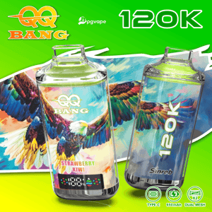 Dos dispositivos de vapeo brillantes con ilustraciones de águila alada; a la izquierda muestran el sabor Strawberry Kiwi y la marca QQ Bang, a la derecha muestra 120K.