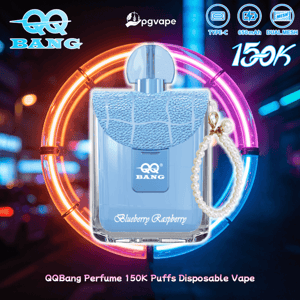 Blueberry Raspberry QQBang disposable vape bottle with a textured blue cap and pearl chain, set against neon rings.