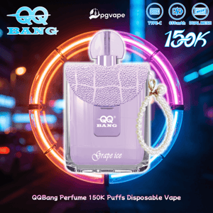 Lavender QQBang perfume-style disposable vape with a quilted cap and pearl bracelet, set against neon rings.