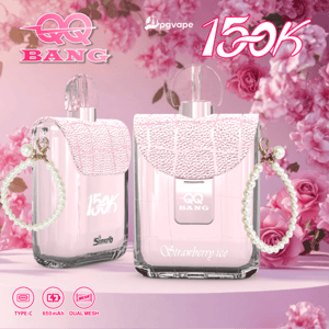 Dos dispositivos de vapeo de color rosa con tapas con diseño de cristal y correas de perlas sobre un fondo floral rosa, Strawberry Ice.