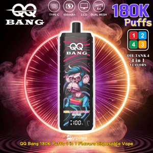 Black disposable vape with a monkey graphic, QQ Bang logo, neon ring backdrop, and 180K Puffs kiwi passionfruit guava flavor.