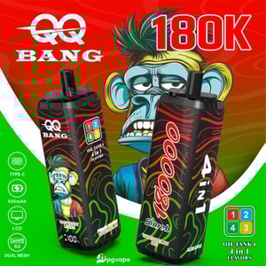 Two black vape mods with red swirl graphics and QQ BANG logos against a background with a cartoon monkey and 180K banner.