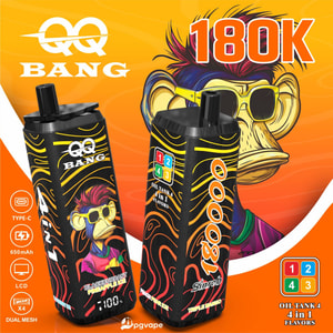 Two black vape pods with yellow zebra stripes, a cartoon monkey in sunglasses, and bold 180K QQ BANG branding.