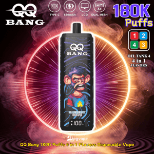 QQ Bang disposable vape with black wrap and cartoon character, Blueberry Grape flavor, 180K puffs, 4 in 1 flavors.